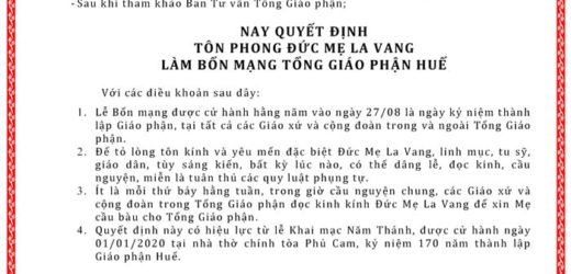 Quyết Định Về Bổn Mạng Của Tổng Giáo Phận Huế