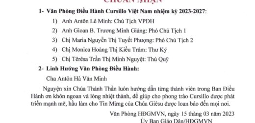 Ủy Ban Giáo Dân: Văn Thư Chuẩn Nhận Văn Phòng Điều Hành Cursillo Việt Nam Nhiệm Kỳ 2023-2027